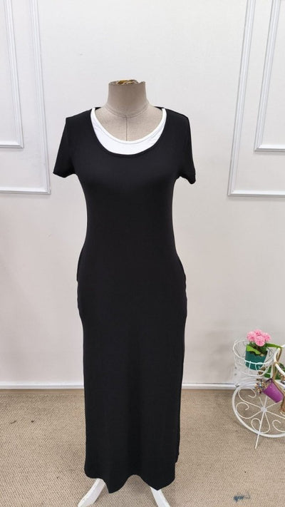 Rochie lungă de damă din viscoză, cu mânecă scurtă, cu aspect de maiou în interior și crăpătură laterală, 35376