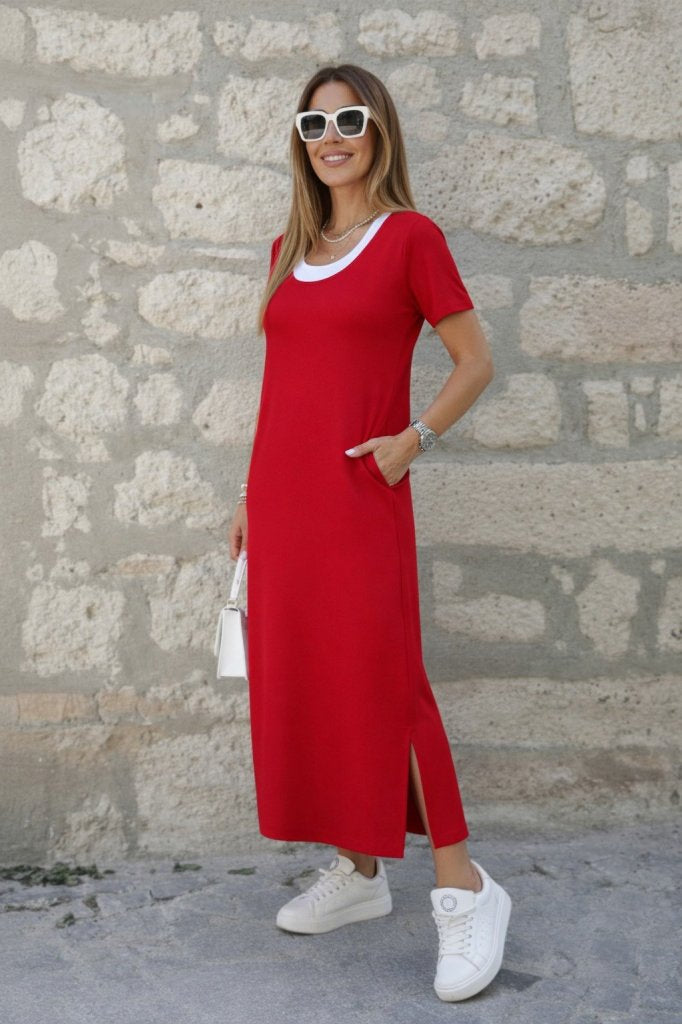 Rochie lungă din viscoză, cu mânecă scurtă, cu crăpătură laterală, cu aspect de maiou, 35377