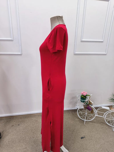 Rochie lungă din viscoză, cu mânecă scurtă, cu crăpătură laterală, cu aspect de maiou, 35377