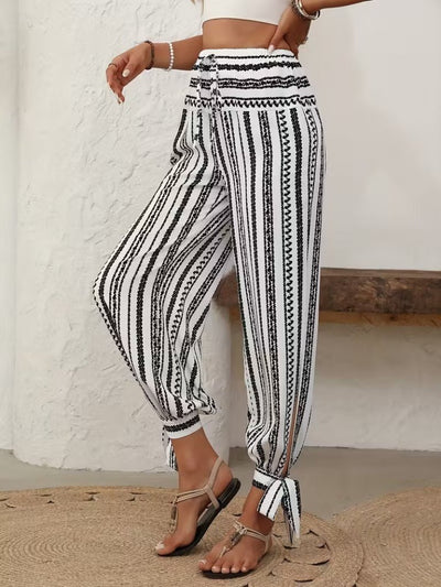 Pantaloni de damă din jerseu, cu talie înaltă, imprimeu, cu șiret la gleznă și fante laterale, 33939