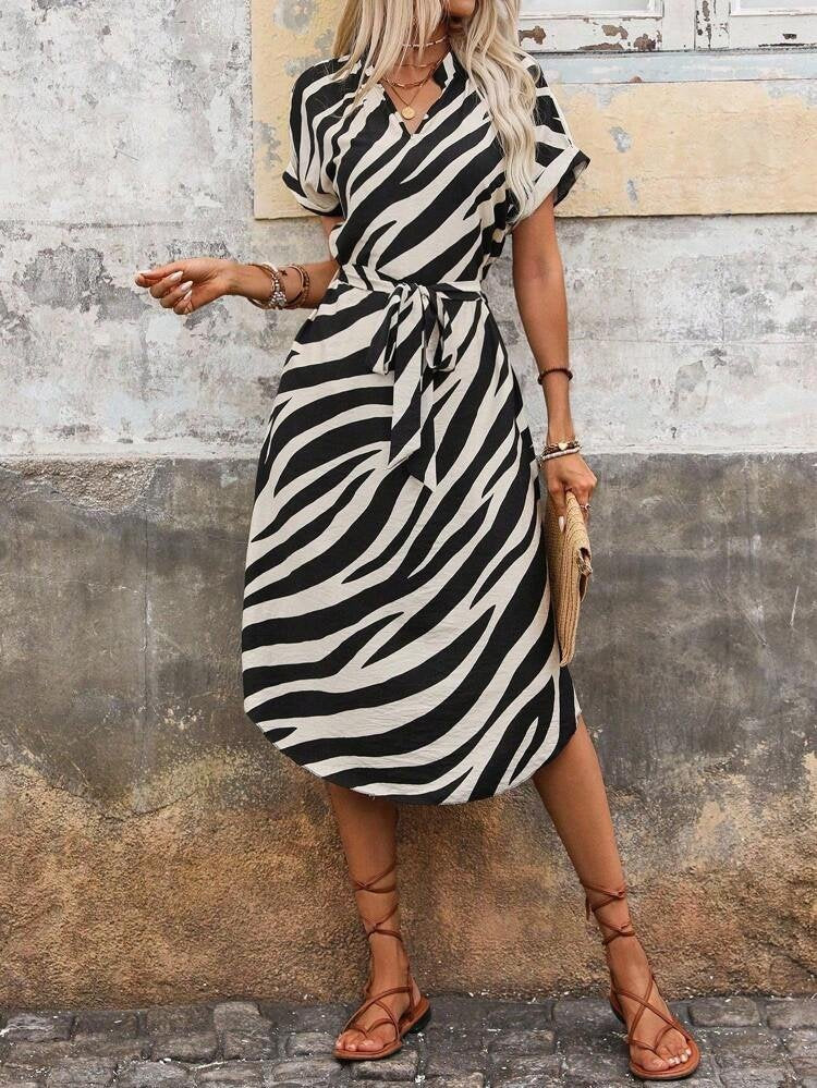 Rochie midi Supreme pentru femei, cu mânecă scurtă, decolteu în V, imprimeu zebră, 32092
