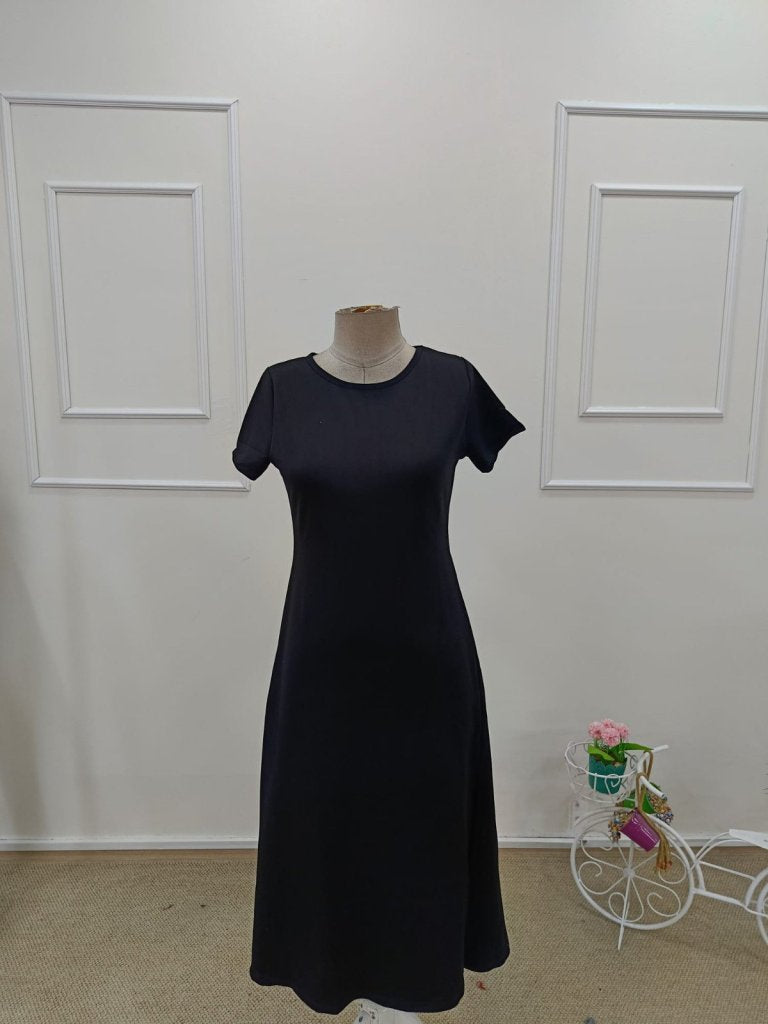 Rochie de damă din viscoză, cu mânecă scurtă, guler rotund și crăpături adânci, 34542
