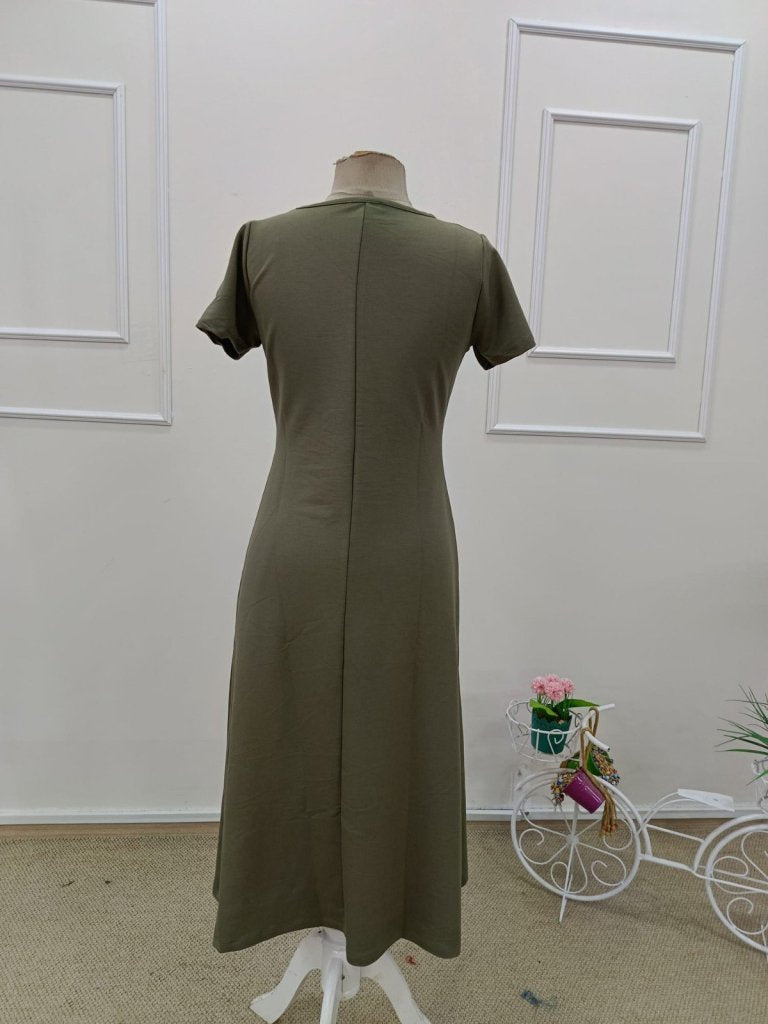 Rochie de damă din viscoză, cu mânecă scurtă, guler rotund și crăpături adânci, 34543
