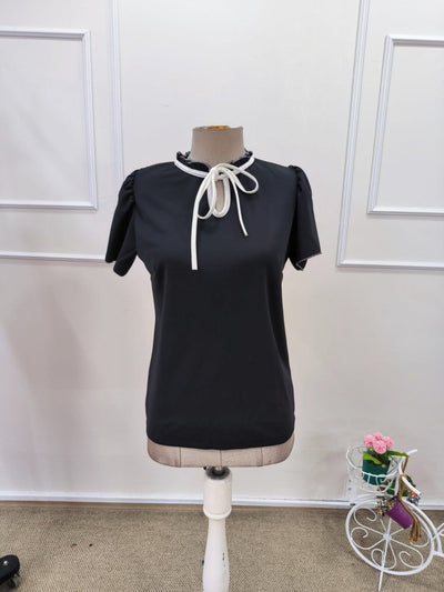 Bluz crep Janjan pentru femei cu maneca scurta, gat cu volanuri si snur decorativ, 35647