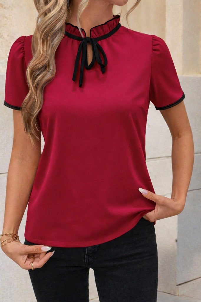 Bluz crep Janjan pentru femei cu maneca scurta, gat cu volanuri si snur decorativ, 35648