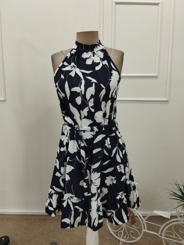 Rochie scurtă de damă tip sirenă, cu umerii goi, guler înalt, cordon și model, din țesătură suprafină, 32109