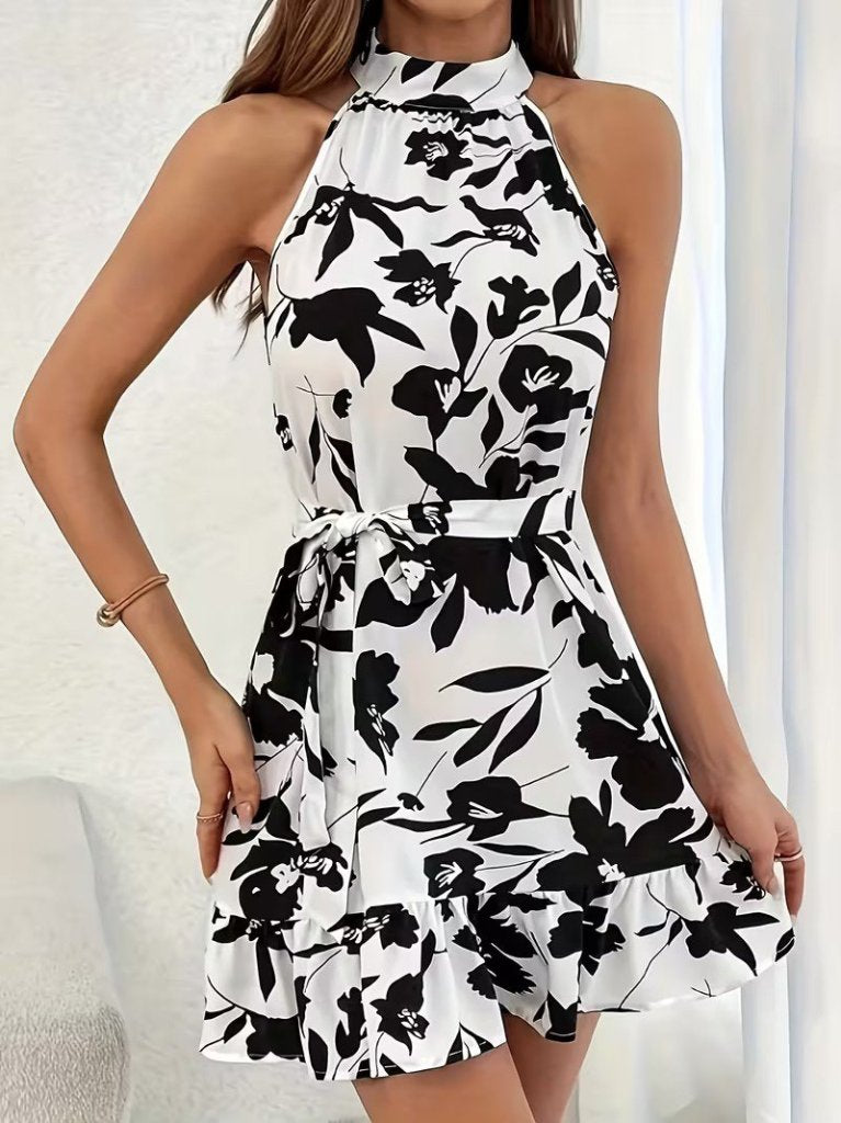 Rochie scurtă de damă tip suprapus cu model, cu umeri goi și guler înalt, cu centură, 32111