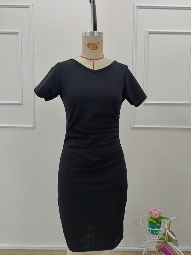 Women's Short Sleeve V-Neck Pleated Imported Crepe Mini Dress, 32130