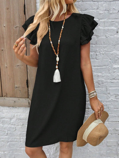 Women's Short Sleeve Crew Neck Ruffled Crinkled Mini Dress, 32166