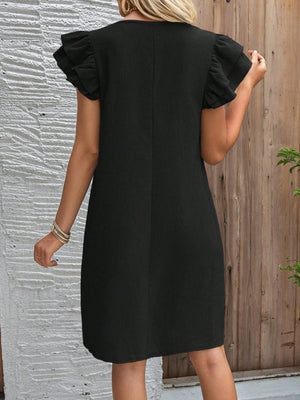 Rochie scurtă cu mânecă scurtă, guler rotund, cu volane, model creț, 32166