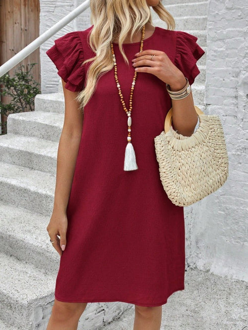 Rochie scurtă cu mânecă scurtă, guler rotund, cu volane, model creț, 32168