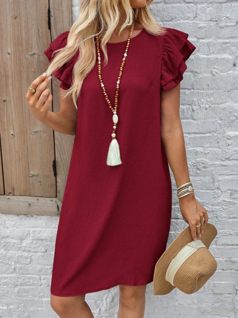 Rochie scurtă cu mânecă scurtă, guler rotund, cu volane, model creț, 32168
