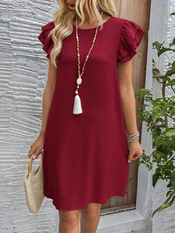 Rochie scurtă cu mânecă scurtă, guler rotund, cu volane, model creț, 32168