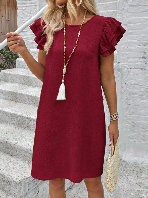 Rochie scurtă cu mânecă scurtă, guler rotund, cu volane, model creț, 32168