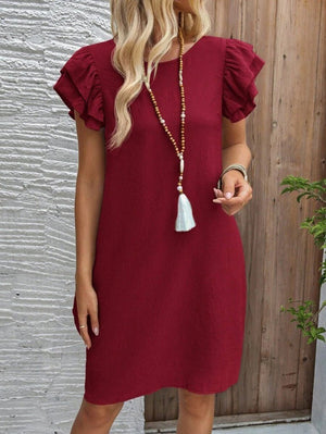 Rochie scurtă cu mânecă scurtă, guler rotund, cu volane, model creț, 32168