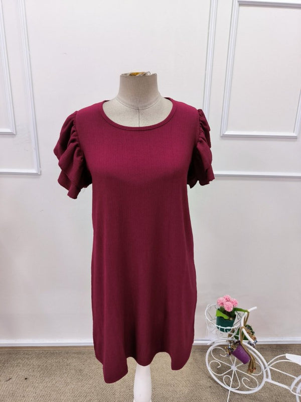 Rochie scurtă cu mânecă scurtă, guler rotund, cu volane, model creț, 32168