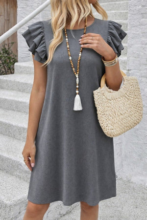 Rochie scurtă cu mânecă scurtă, guler rotund, cu volane, model creț, 32169