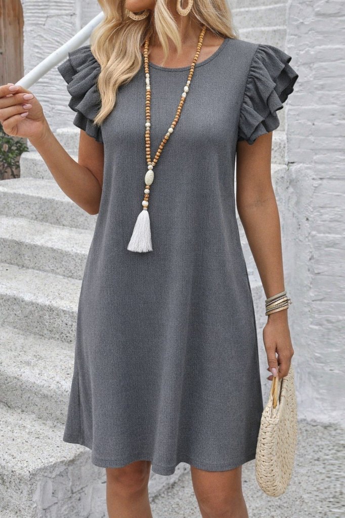 Rochie scurtă cu mânecă scurtă, guler rotund, cu volane, model creț, 32169