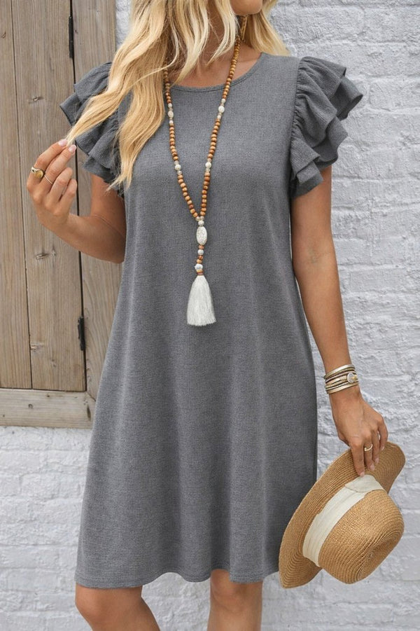 Rochie scurtă cu mânecă scurtă, guler rotund, cu volane, model creț, 32169