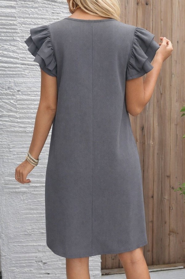 Rochie scurtă cu mânecă scurtă, guler rotund, cu volane, model creț, 32169