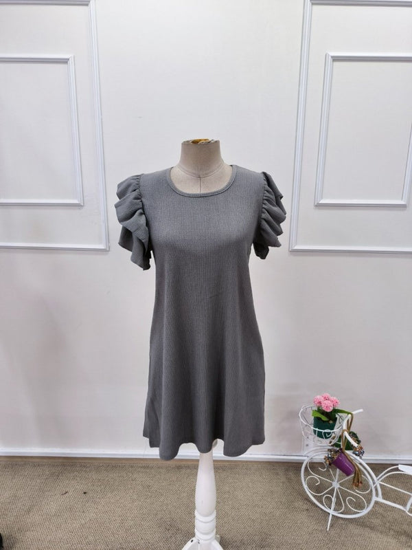 Rochie scurtă cu mânecă scurtă, guler rotund, cu volane, model creț, 32169