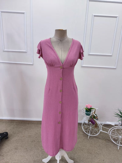 Rochie midi cu mânecă scurtă, decolteu în V, nasturi în față și imprimeu încrețit, 32173