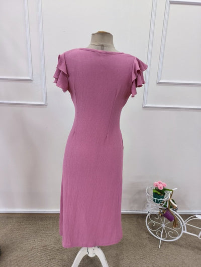Rochie midi cu mânecă scurtă, decolteu în V, nasturi în față și imprimeu încrețit, 32173
