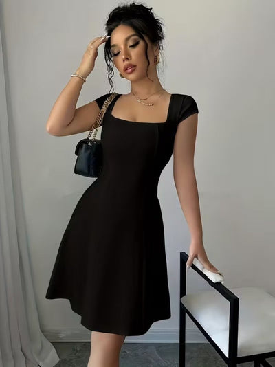 Rochie scurtă din crep importat, cu mânecă scurtă și decolteu pătrat, pentru femei, 33581