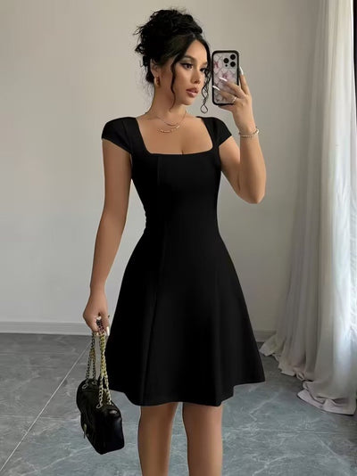 Rochie scurtă din crep importat, cu mânecă scurtă și decolteu pătrat, pentru femei, 33581
