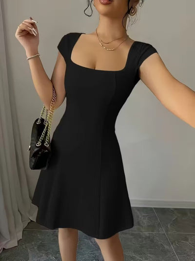Rochie scurtă din crep importat, cu mânecă scurtă și decolteu pătrat, pentru femei, 33581