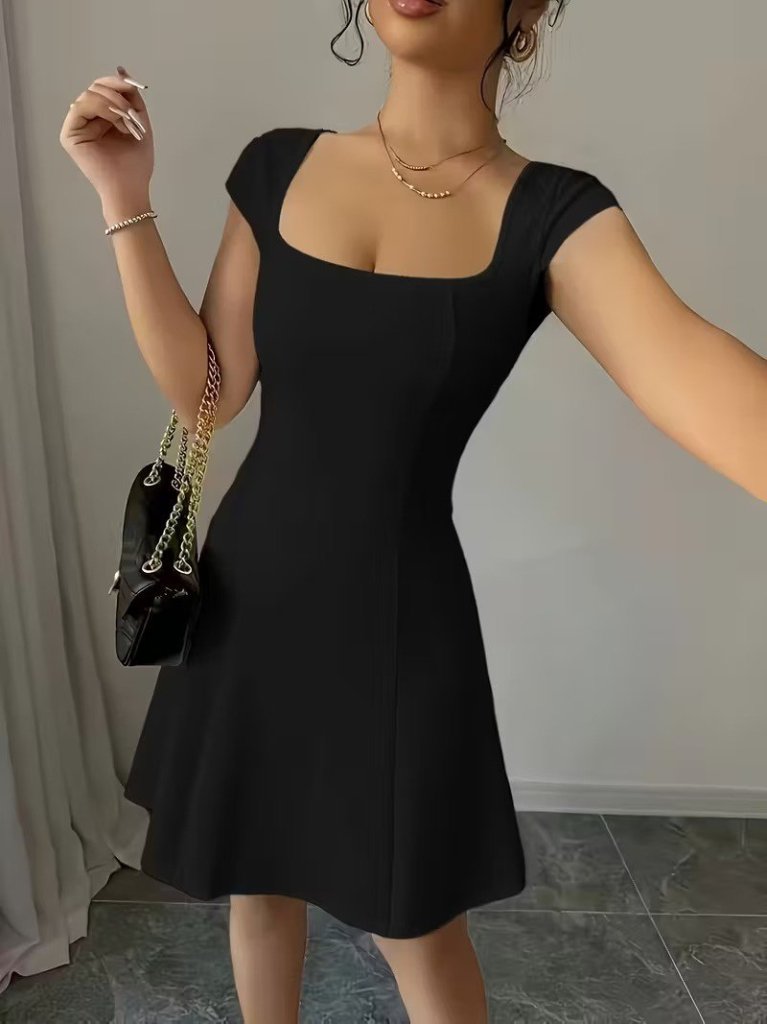 Rochie scurtă din crep importat, cu mânecă scurtă și decolteu pătrat, pentru femei, 33581