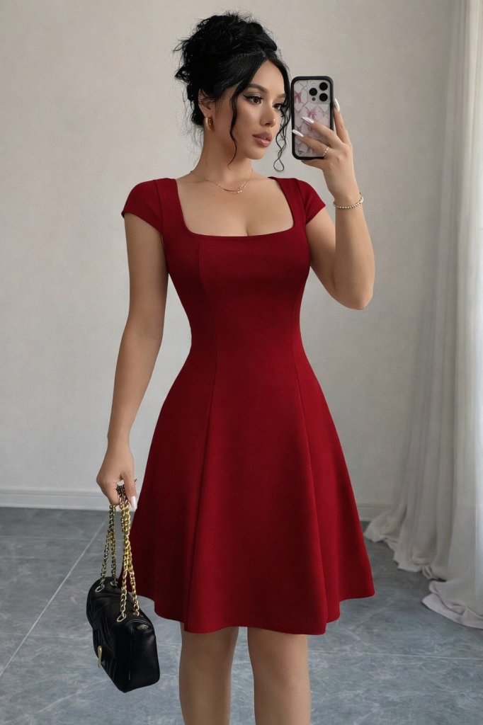 Women's Short Sleeve Square Neck Short Imported Crepe Dress, 33582
