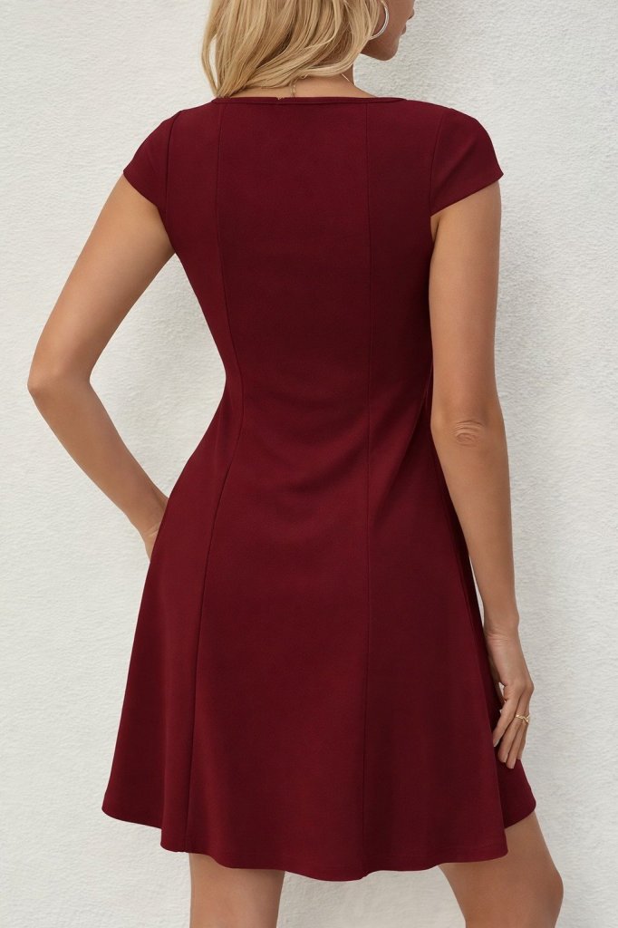 Women's Short Sleeve Square Neck Short Imported Crepe Dress, 33582