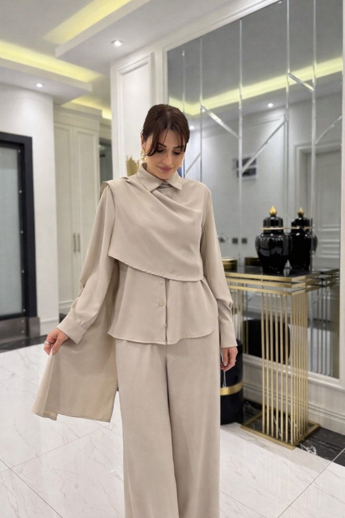 Set de două piese pentru femei, cu bluză și pantaloni, cu mânecă lungă și detaliu șal, 32192