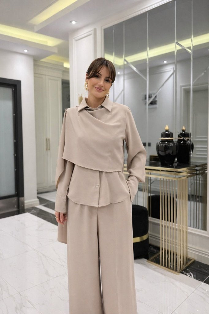Set de două piese pentru femei, cu bluză și pantaloni, cu mânecă lungă și detaliu șal, 32192