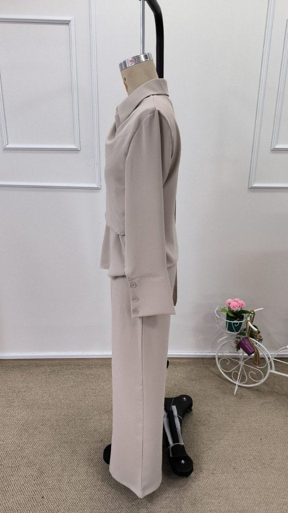 Set de două piese pentru femei, cu bluză și pantaloni, cu mânecă lungă și detaliu șal, 32192
