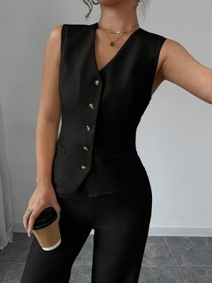 Set de două piese pentru femei, din in, cu bluză și pantaloni, fără mâneci, cu nasturi în față, 34097