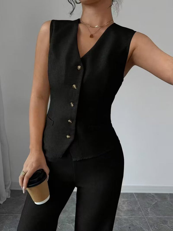 Set de două piese pentru femei, din in, cu bluză și pantaloni, fără mâneci, cu nasturi în față, 34097