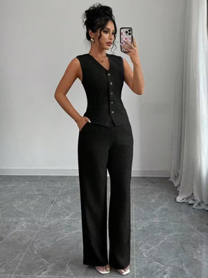 Set de două piese pentru femei, din in, cu bluză și pantaloni, fără mâneci, cu nasturi în față, 34097