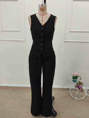 Set de două piese pentru femei, din in, cu bluză și pantaloni, fără mâneci, cu nasturi în față, 34097