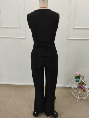 Set de două piese pentru femei, din in, cu bluză și pantaloni, fără mâneci, cu nasturi în față, 34097