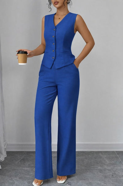 Set Două Piese, Femeie, Bluză din Cânepă Cureluțe Nasturi Frontali, Pantalon, 36728