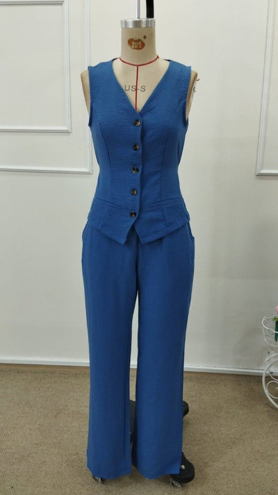 Set Două Piese, Femeie, Bluză din Cânepă Cureluțe Nasturi Frontali, Pantalon, 36728