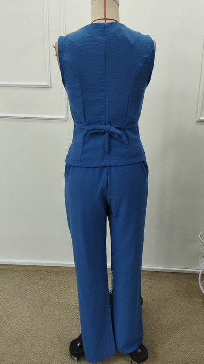 Set Două Piese, Femeie, Bluză din Cânepă Cureluțe Nasturi Frontali, Pantalon, 36728