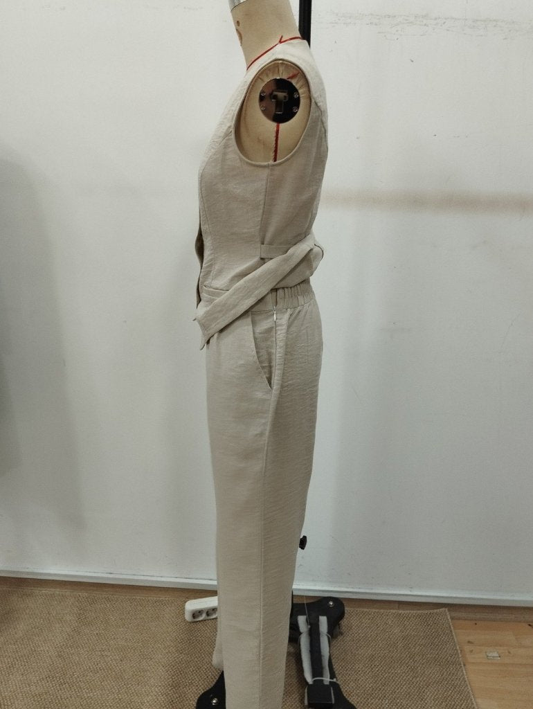 Kadın Askılı önden Düğmeli Bluz Ve Pantolon Keten Ikili Takım, 36006