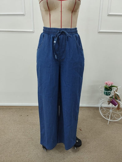 Pantaloni de blugi damă cu talie înaltă, cu elastic și șnur, 32199