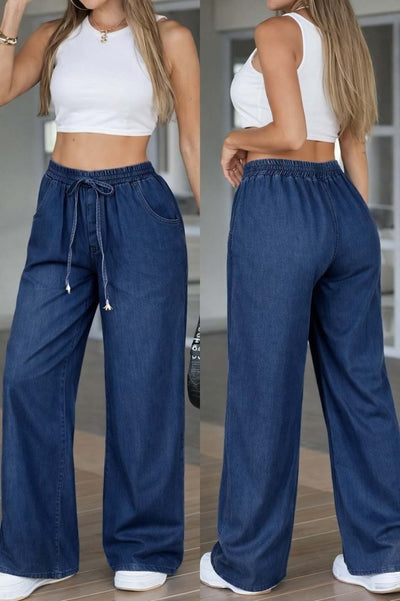 Pantaloni de blugi damă cu talie înaltă, cu elastic și șnur, 32199