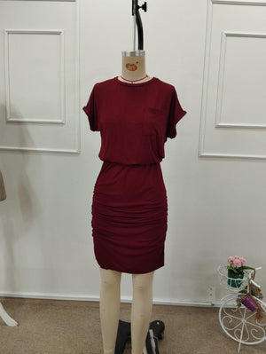 Rochie scurtă din viscoză pentru femei, cu mânecă scurtă, guler rotund și detalii cu buzunare, 32202