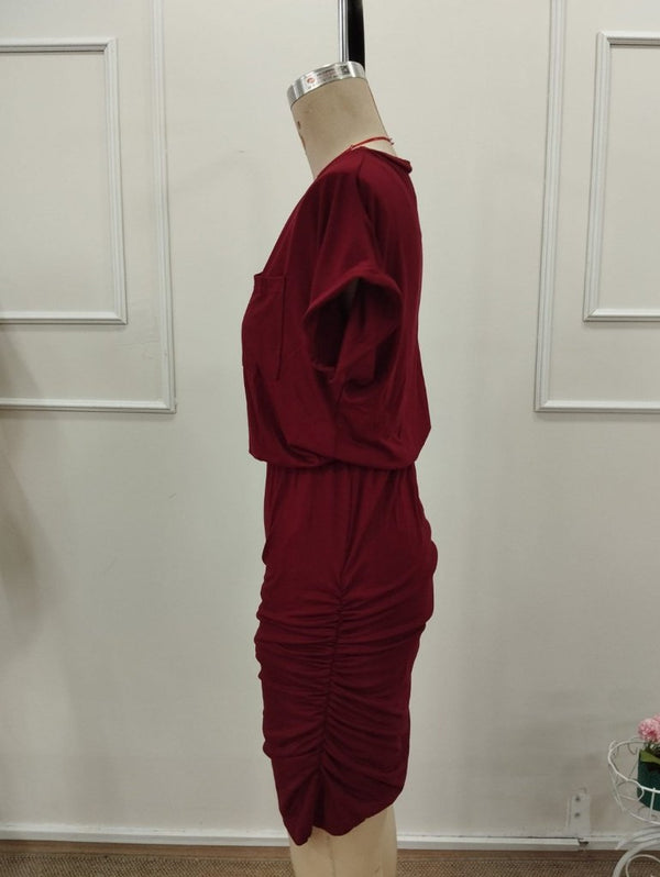 Rochie scurtă din viscoză pentru femei, cu mânecă scurtă, guler rotund și detalii cu buzunare, 32202