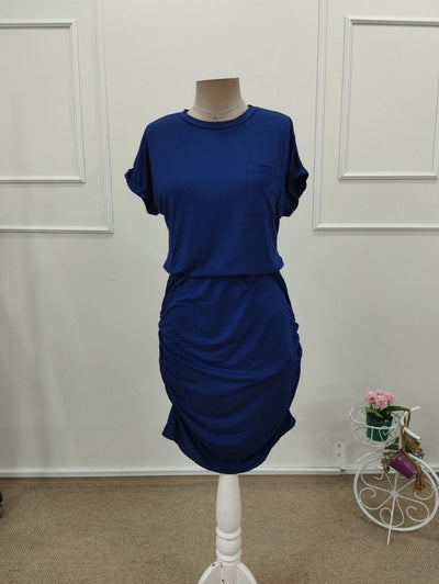 Rochie scurtă din viscoză pentru femei, cu mânecă scurtă, guler rotund și detalii cu buzunare, 32203